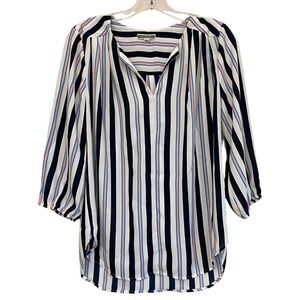 Anthropologie Pleione Striped Split Neck Blouse Blue/Pink S